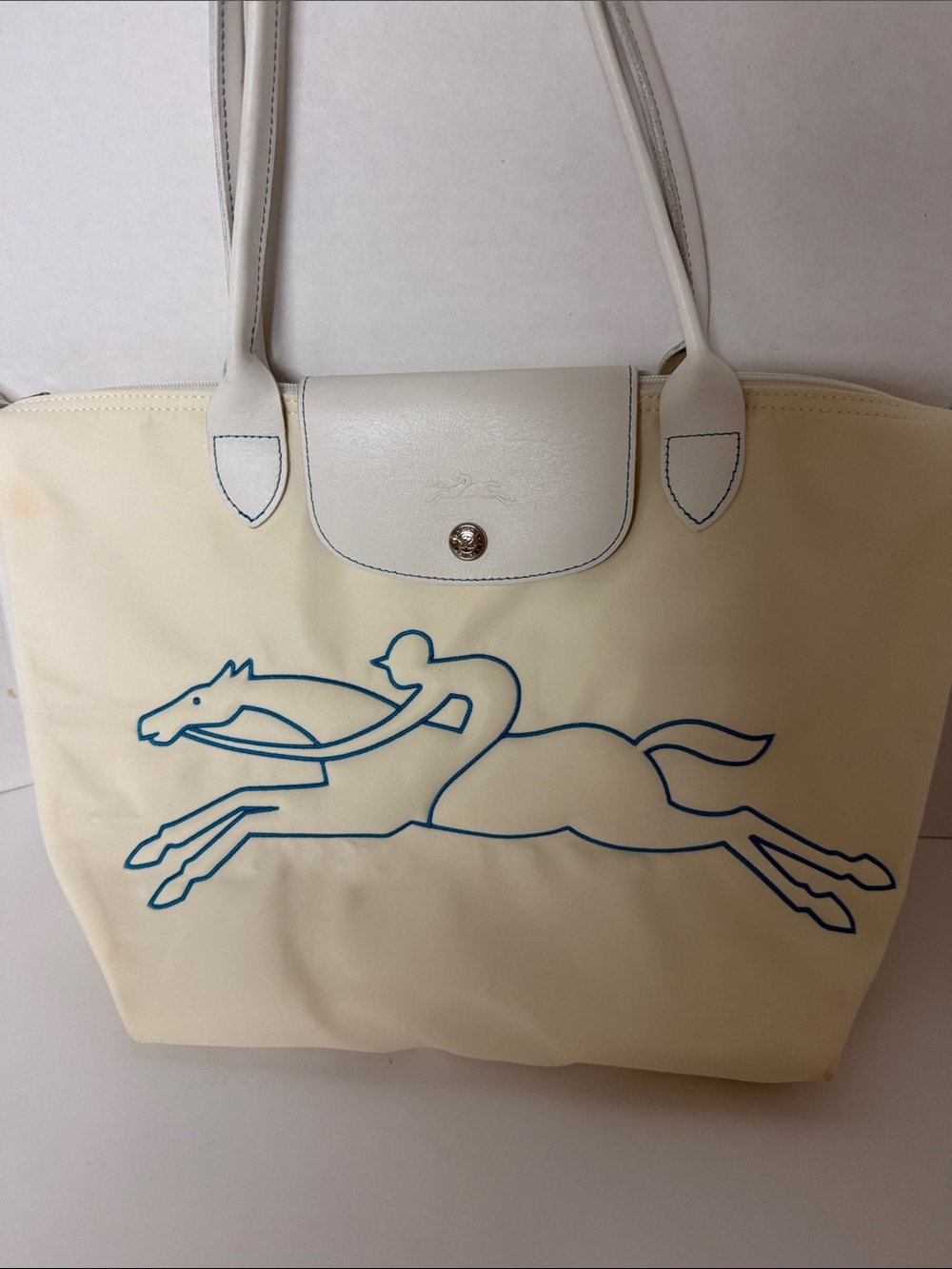 Longchamp RARE Blue Horse cream tote - Picture 8 of 14